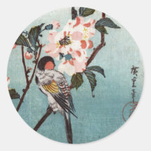 八重桜に鳥, fleurs de cerisier de 広重 et oiseau, Hiroshi Autocollants Ronds