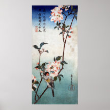 八重桜に鳥, fleurs de cerisier de 広重 et oiseau, Hiroshi Affiche