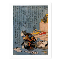 猫好きな絵師の自画像, peintre de 国芳 qui aime des chats, Kuni Carte Postale