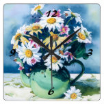 0006 marguerites dans l'horloge verte de théière horloges murales