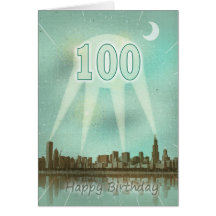 100th Carte d'anniversaire avec une ville et des p