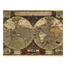 1595 cartes vintages du monde par Jodocus Hondius Bristol Personnalisé