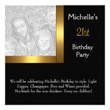 21ème anniversaire de photo de noir élégant d'or invitation