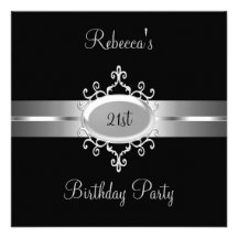 21ème Argent de noir de fête d'anniversaire Invitation Personnalisée
