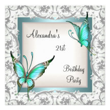 21ème Blanc floral turquoise d'argent de papillon  Invitations