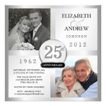 25ème Invitations argentées d'anniversaire avec 2 