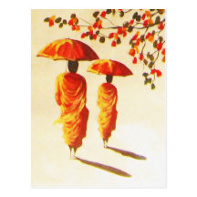 2 moines bouddhistes laotiens avec des parapluies cartes postales