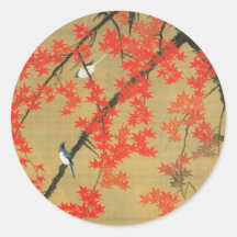 30. 紅葉小禽図, érable de 若冲 et petits oiseaux, Jakuchū Autocollants Ronds