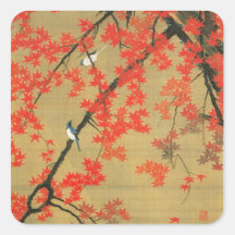 30. 紅葉小禽図, érable de 若冲 et petits oiseaux, Jakuchū Sticker Carré