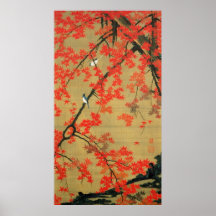 30. 紅葉小禽図, érable de 若冲 et petits oiseaux, Jakuchū Affiche