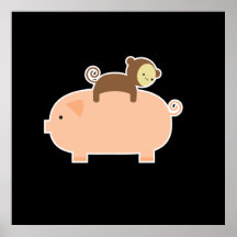 35" x 35" équitation de singe de bébé sur un porc affiches