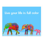 3 éléphants colorés marchant - art de bruit cartes postales