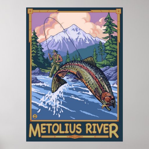 Affiche de voyage de pêche de mouche de rivière de