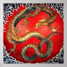Affiche japonaise de dragon d'or de Hokusai