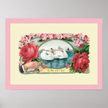Affiche vintage d'art de cygnes et de roses
