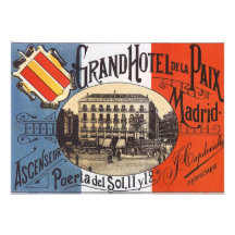 Affiche vintage de voyage, hôtel Paix, Madrid, Esp Cartons D'invitation