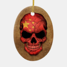 Aged and Worn Chinese Flag Skull Christmas Tree Ornament