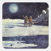 Aliens vintages de la science-fiction sur la lune autocollant carré