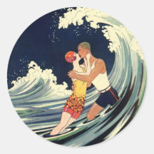 Amour vintage dans le surf, baiser romantique par  autocollants