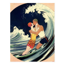 Amour vintage dans le surf, baiser romantique par  cartes postales