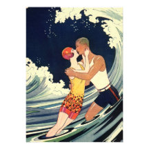 Amour vintage dans le surf, baiser romantique par  invitations