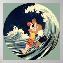 Amour vintage dans le surf, baiser romantique par  poster