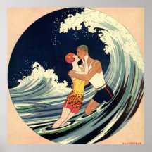 Amour vintage dans le surf, baiser romantique par  posters