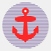 Ancre rouge avec les rayures bleues de marin autocollant rond