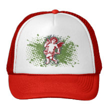 Ange heureux, rouge, éclaboussure par des christia casquettes de camionneur