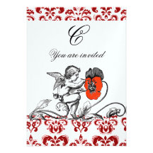 ANGEL PAINTING A RED FLOWER DAMASK MONOGRAM ice Custom Invite