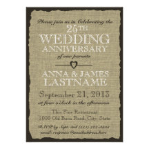 Anniversaire de mariage rustique de toile de jute cartons d'invitation