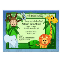 Anniversaire de thème de jungle 3ème invitations personnalisées