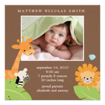 Annonces de naissance d'amis de safari cartons d'invitation personnalisés