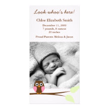 Annonces roses de naissance de photo de hibou cartes de vœux avec photo