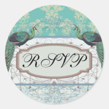 aqua et beau motif sage de damassé de paon autocollant rond