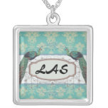 aqua et beau motif sage de damassé de paon bijouterie personnalisée