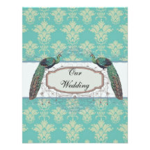 aqua et beau motif sage de damassé de paon invitations personnalisées