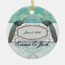 aqua et beau motif sage de damassé de paon décorations pour sapins de noël