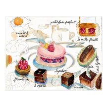 Aquarelle de croquis de pâtisserie de Paris Carte Postale
