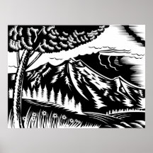 arbre avec la montagne dans la gravure sur bois en affiches