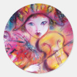 ARLECCHINO ET COLOMBINA, bleu jaune fuchsia rose Adhésif Rond