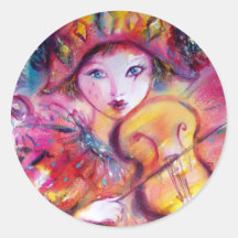 ARLECCHINO ET COLOMBINA, bleu jaune fuchsia rose Adhésif Rond