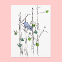 Art à l'encre de nature de dessin d'arbres d'oisea cartes postales