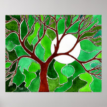 Art d'arbre et de lune sur la toile - vert poster