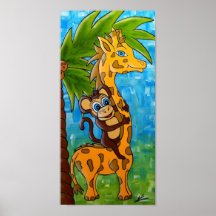 Art de crèche de girafe et de singe poster