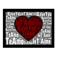 Art de mot : "Je t'aime" 3 langues - coeur rouge Cartes Postales