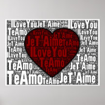 Art de mot : "Je t'aime" 3 langues - coeur rouge Posters