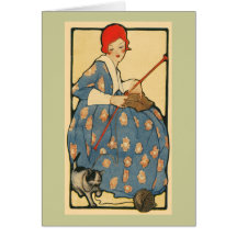 Art Nouveau - tricot de fille avec son chat Cartes De Vœux