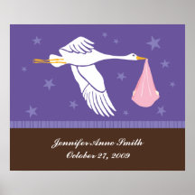 Art personnalisé de mur de bébé - cigogne/pourpre  posters