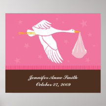 Art personnalisé de mur de bébé - cigogne/rose et  poster